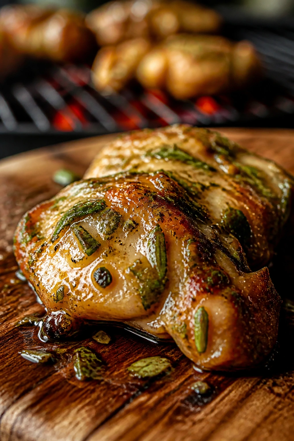 Close-up of marinated chicken thigh bite on wooden board for grill prep outdoors