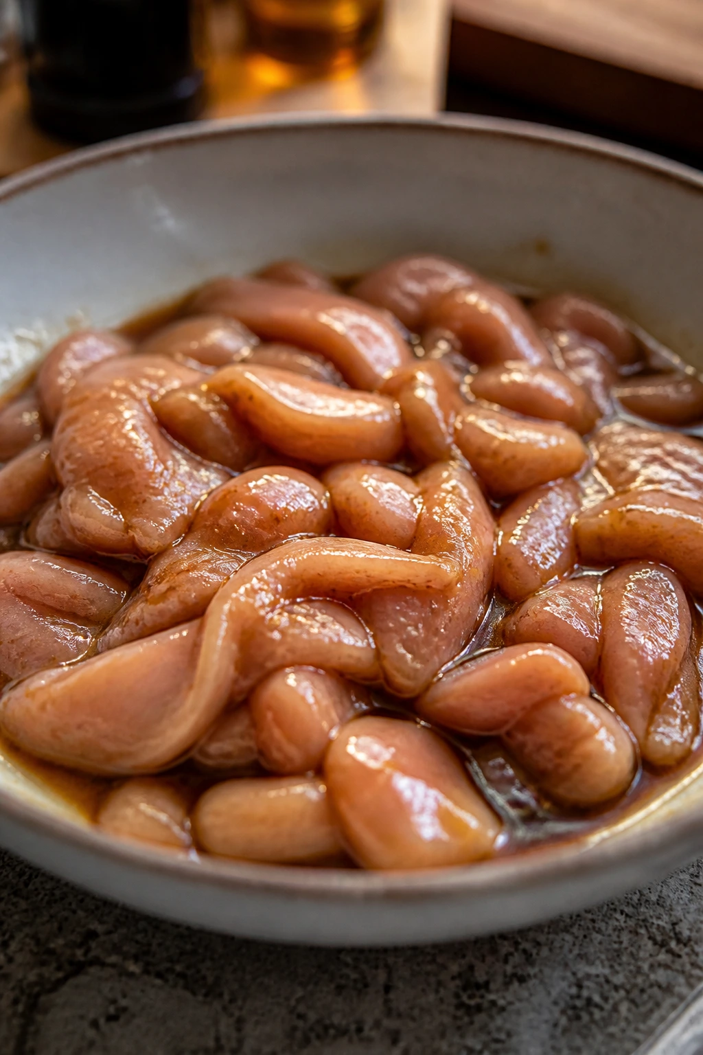 Marinating chicken for chow mein in a glossy coating
