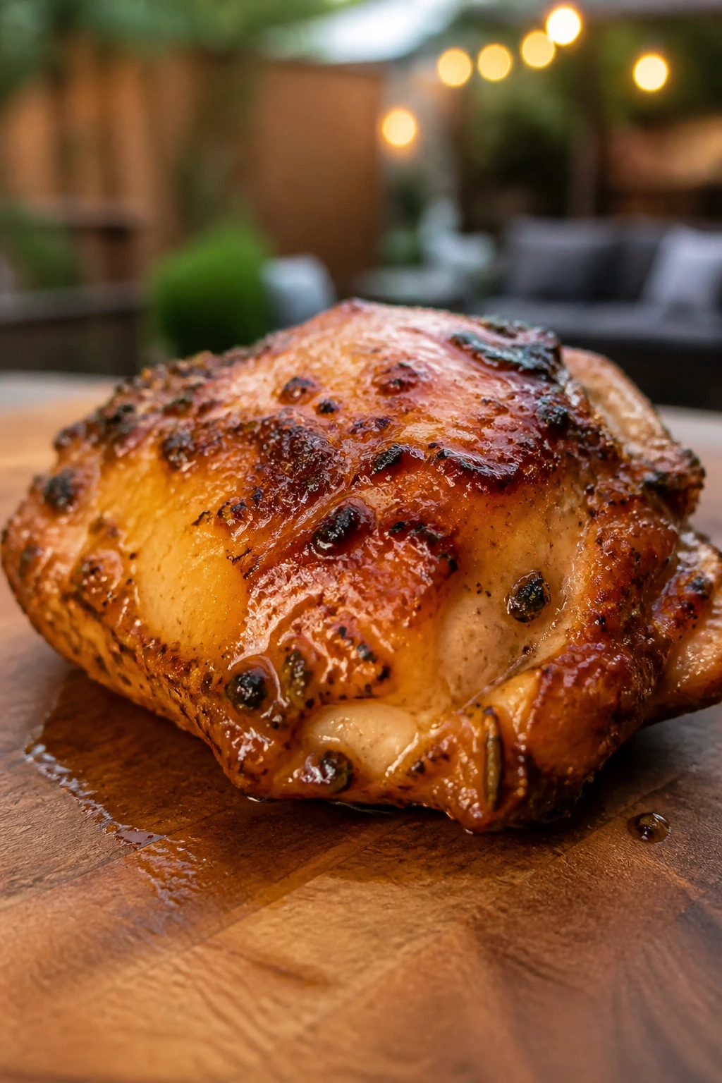 Marinated chicken thigh on cutting board with backyard background