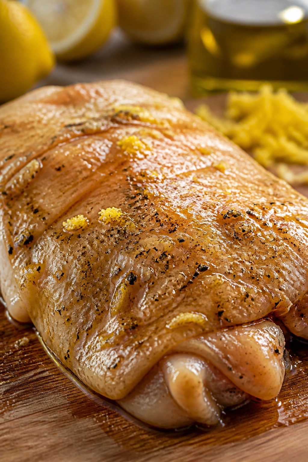 Glossy marinated chicken thigh on cutting board with lemon zest in background