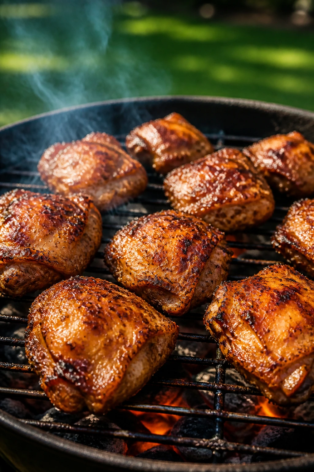 Juicy marinated chicken thighs grilling in backyard