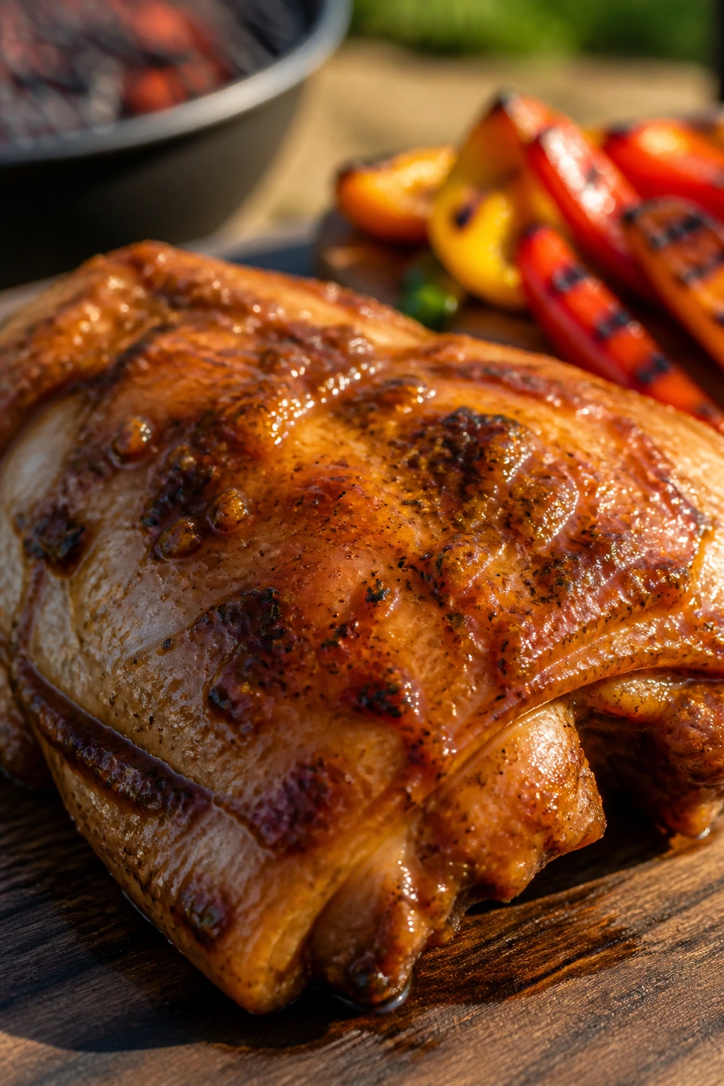 Marinated chicken thigh with glossy BBQ glaze and a hint of vegetables in the background.