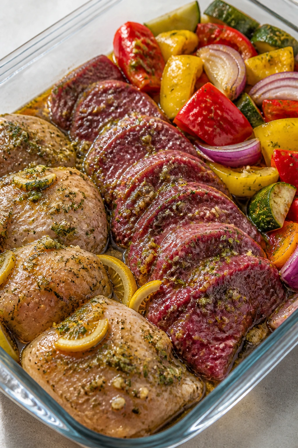 Close-up of marinated foods (chicken thighs, steak, vegetables) in lemon-herb marinade