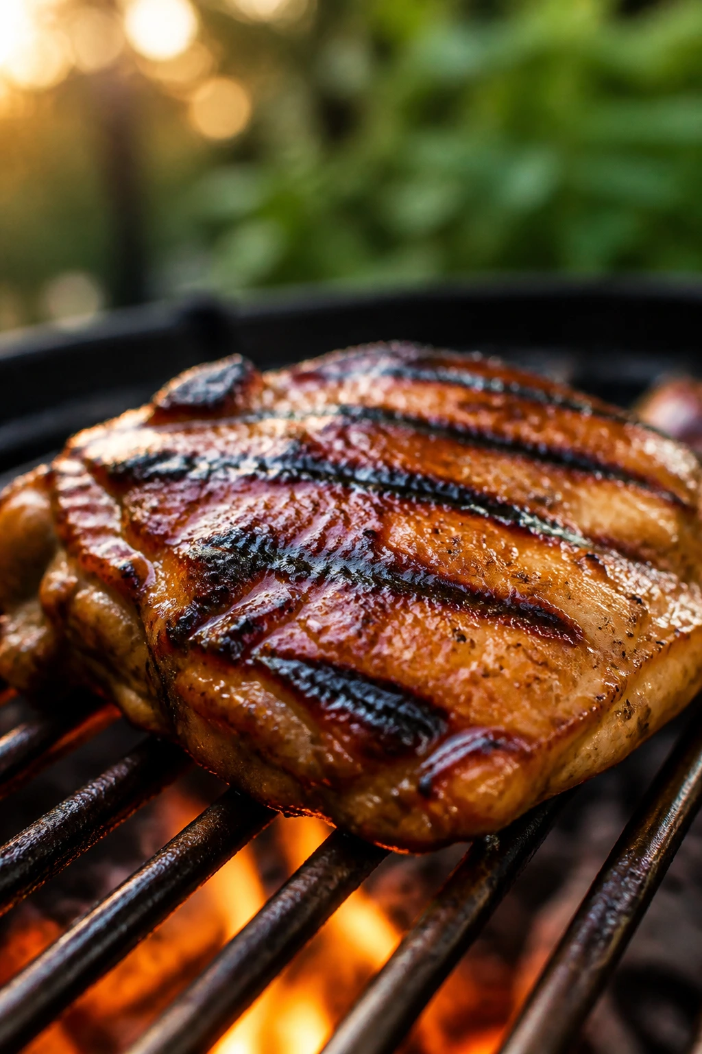 Close-up of glossy marinated chicken thigh on a grill