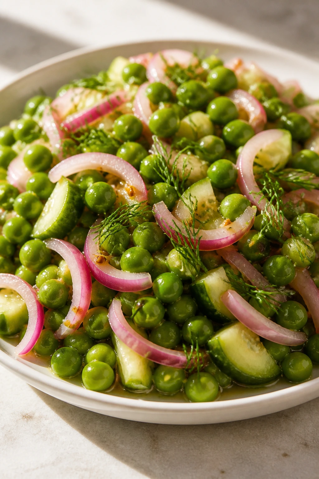 Close-up of Marinated Pea Salad with Pickled Onion showing peas, pickled onions, and cucumber.