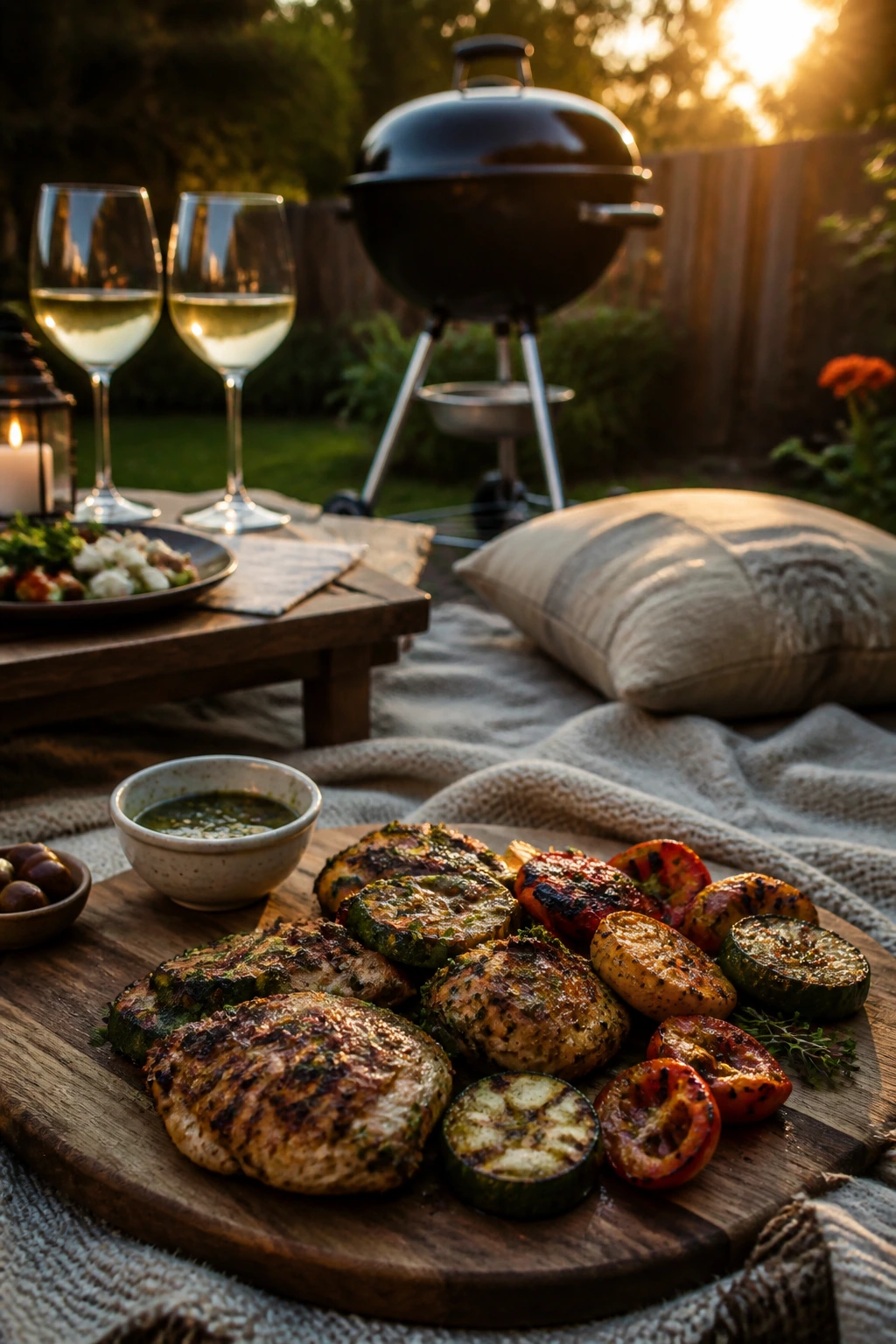 Close-up of a two-person marinated backyard meal on a rustic board