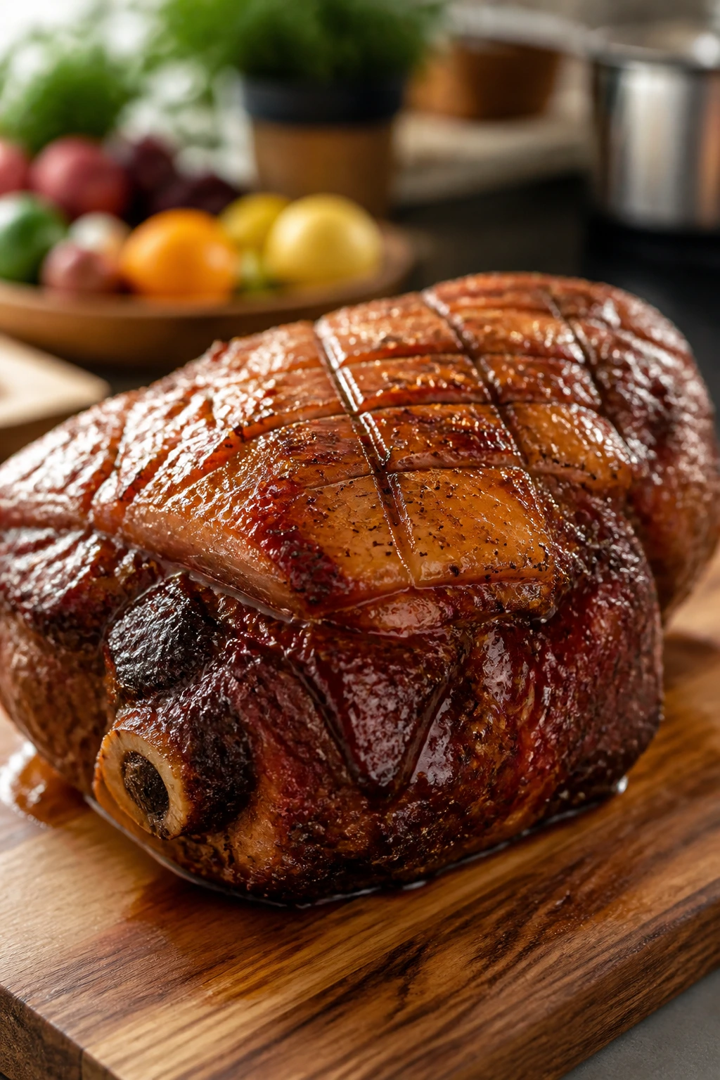 Marinated pork shoulder on cutting board with scoring