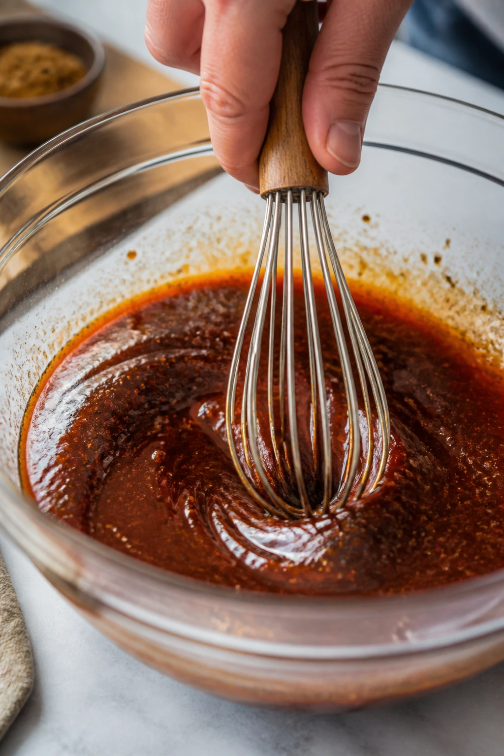 Close-up of glossy marinade being whisked in a bowl in a bright kitchen