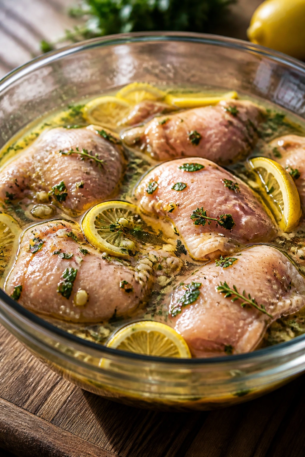 Close-up of raw chicken thighs marinating in glossy herb-lemon mixture in glass bowl