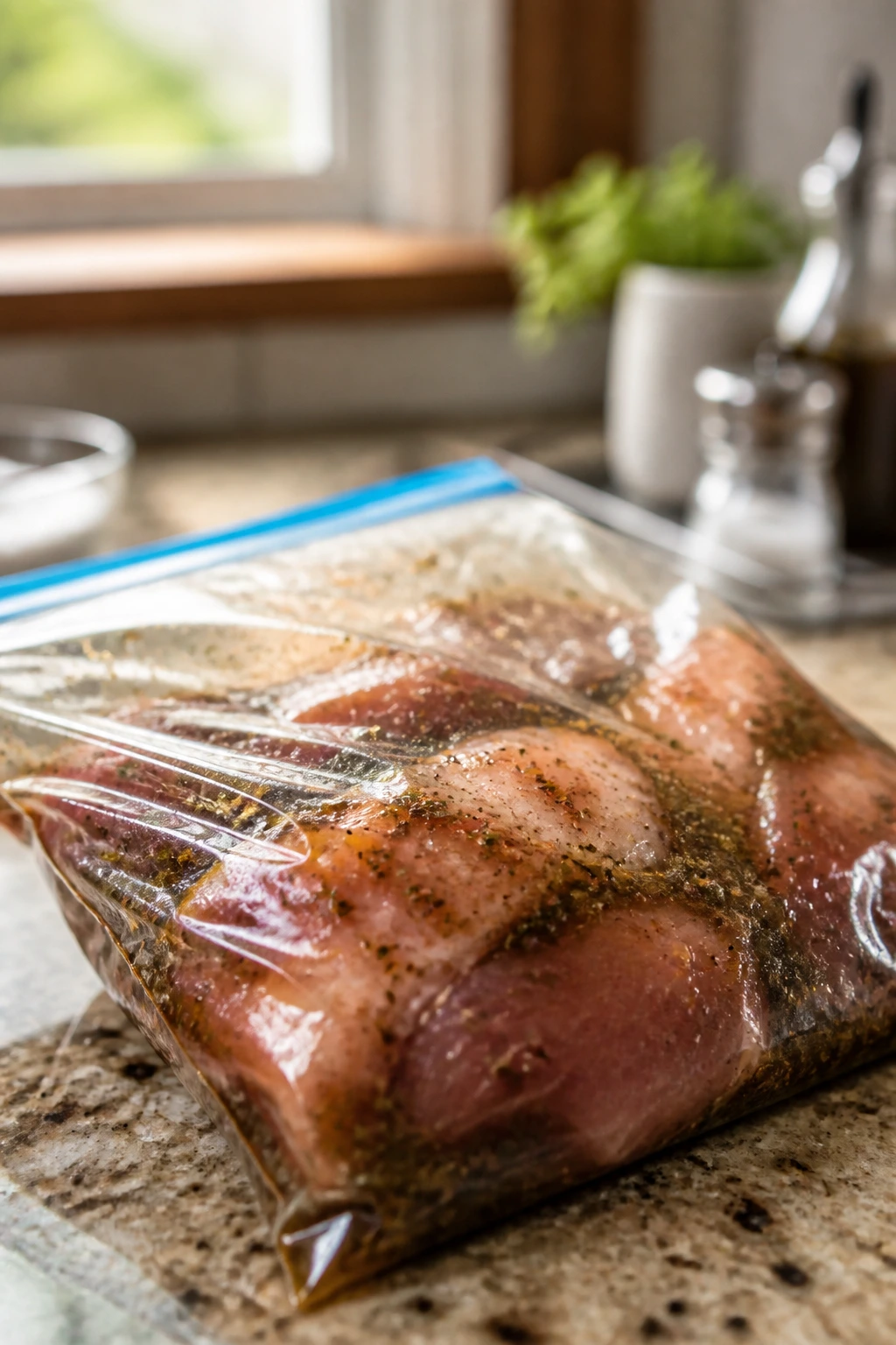 Sealed bag with marinated meat on kitchen counter