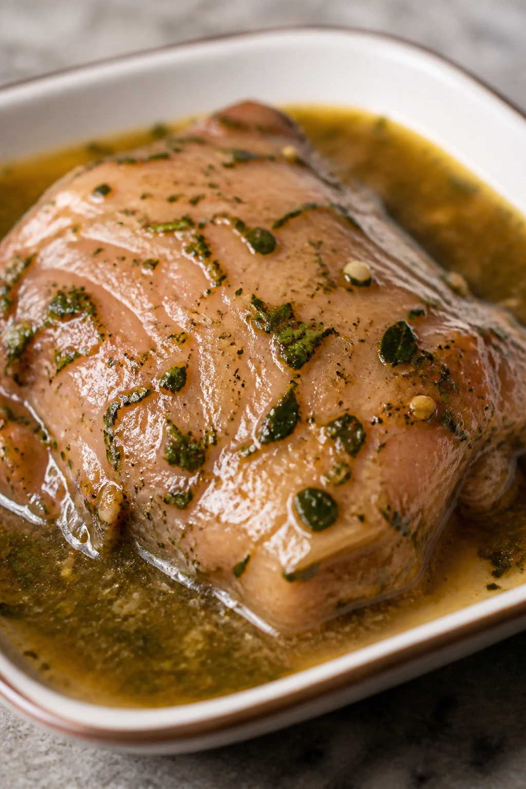 Chicken thigh marinating in shallow dish with herbs on kitchen counter