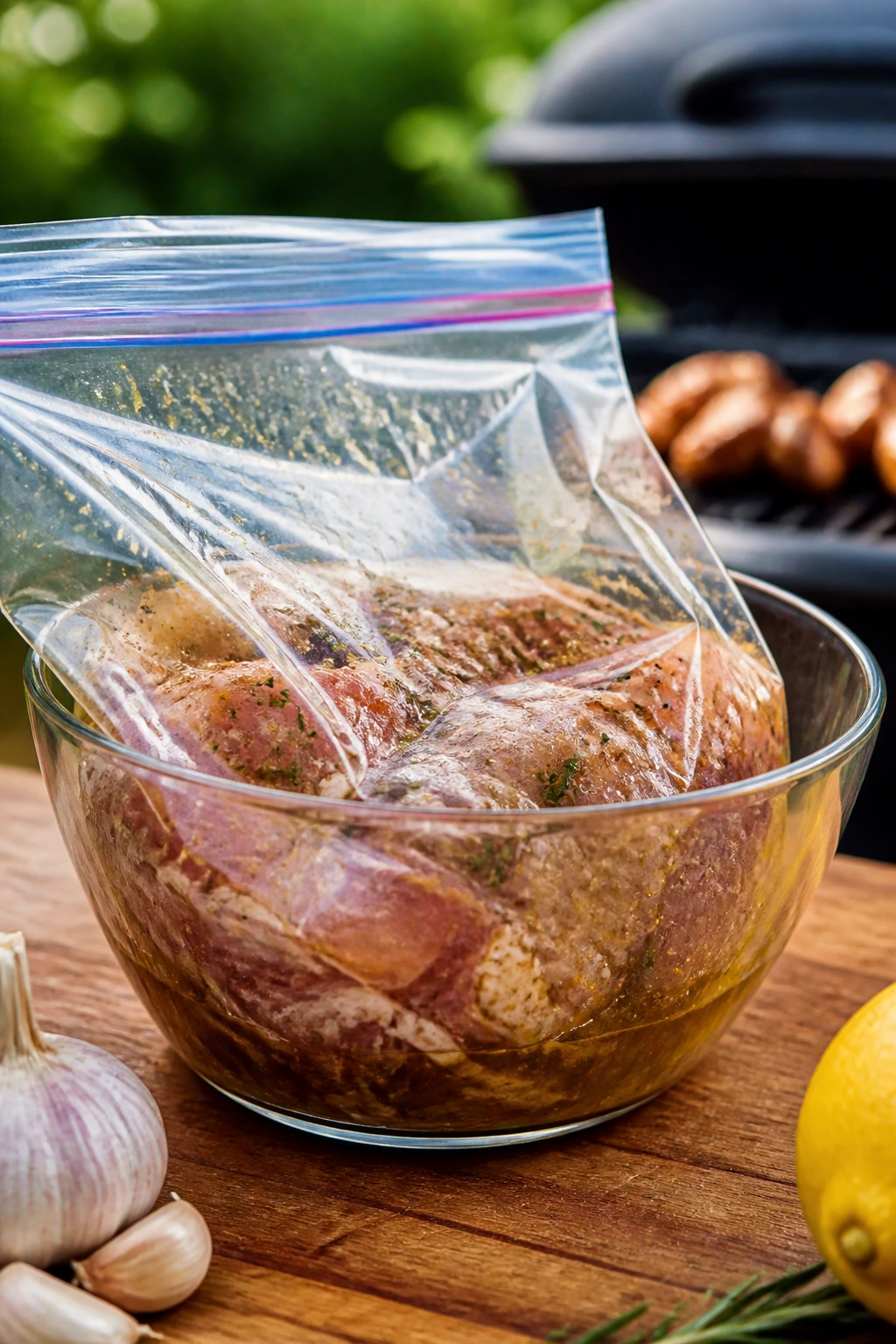 Zip-top bag marinating meat inside a bowl on an outdoor counter