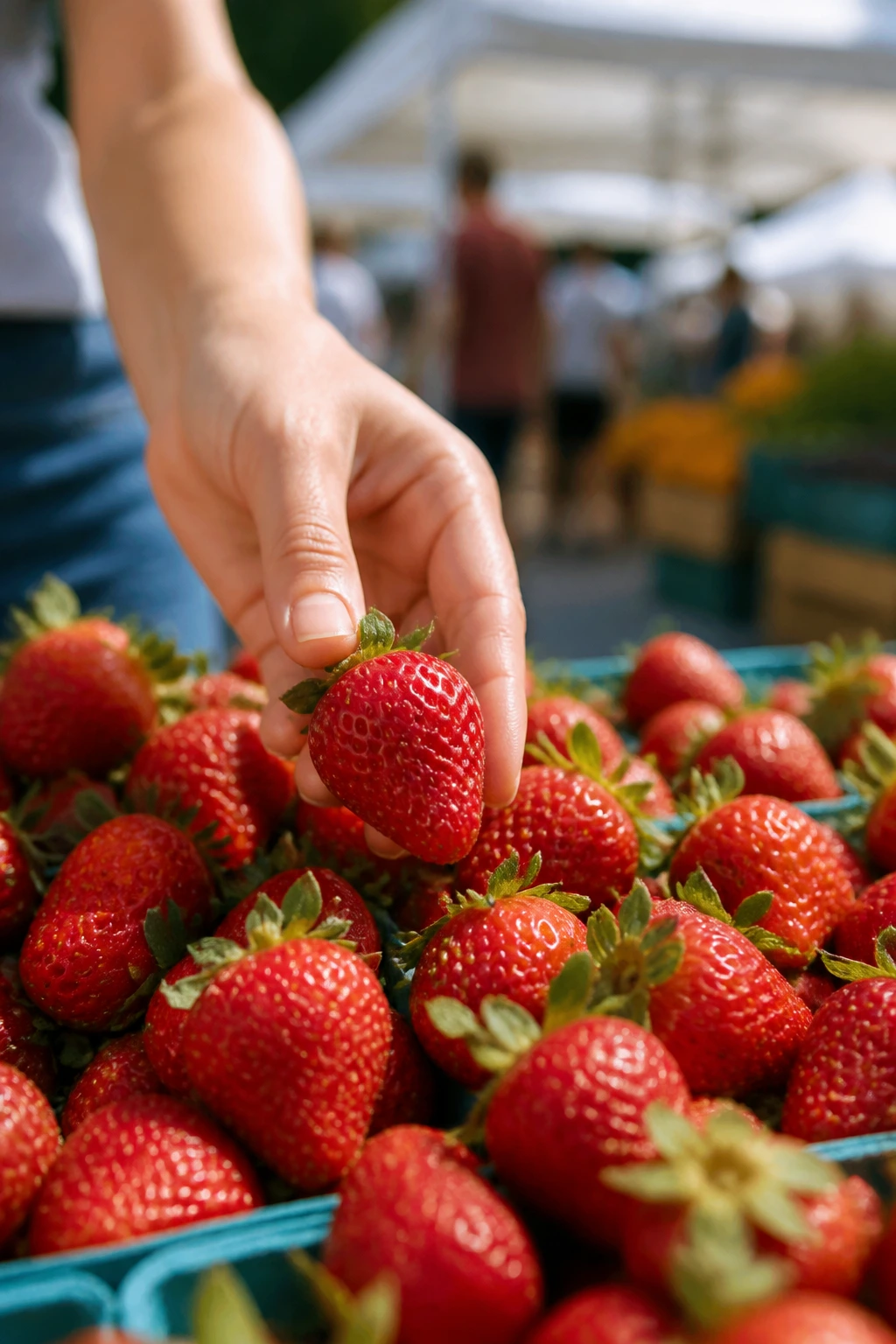 Hand selecting a ripe strawberry at an outdoor farmers market