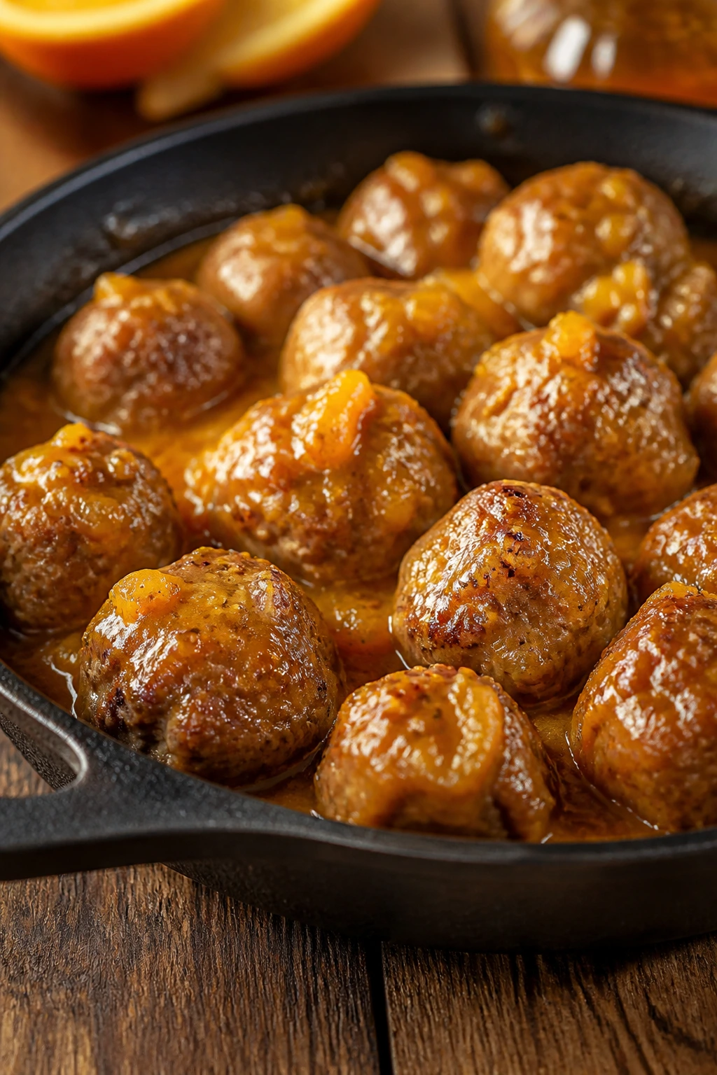 Close-up of glossy Marmalade Mustard Meatballs with orange glaze