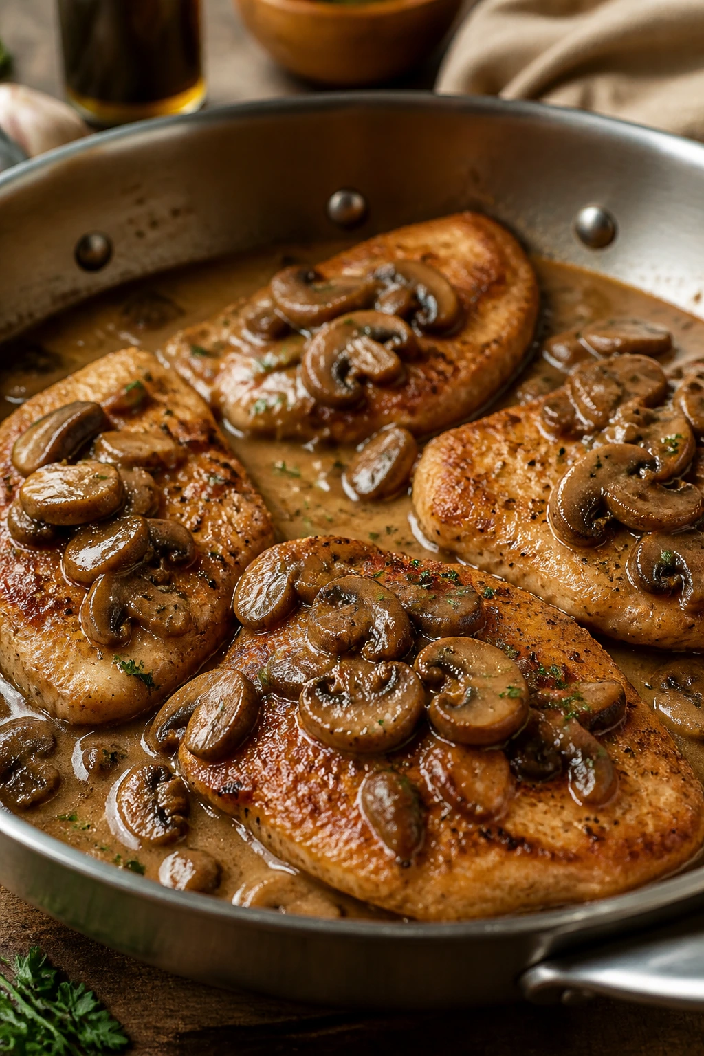Chicken Marsala with mushrooms in glossy brown sauce