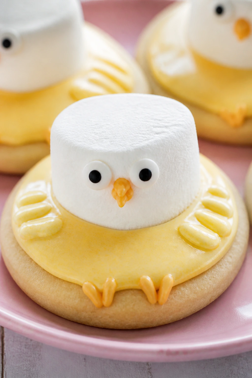 Close-up of marshmallow chick cookie on pastel plate