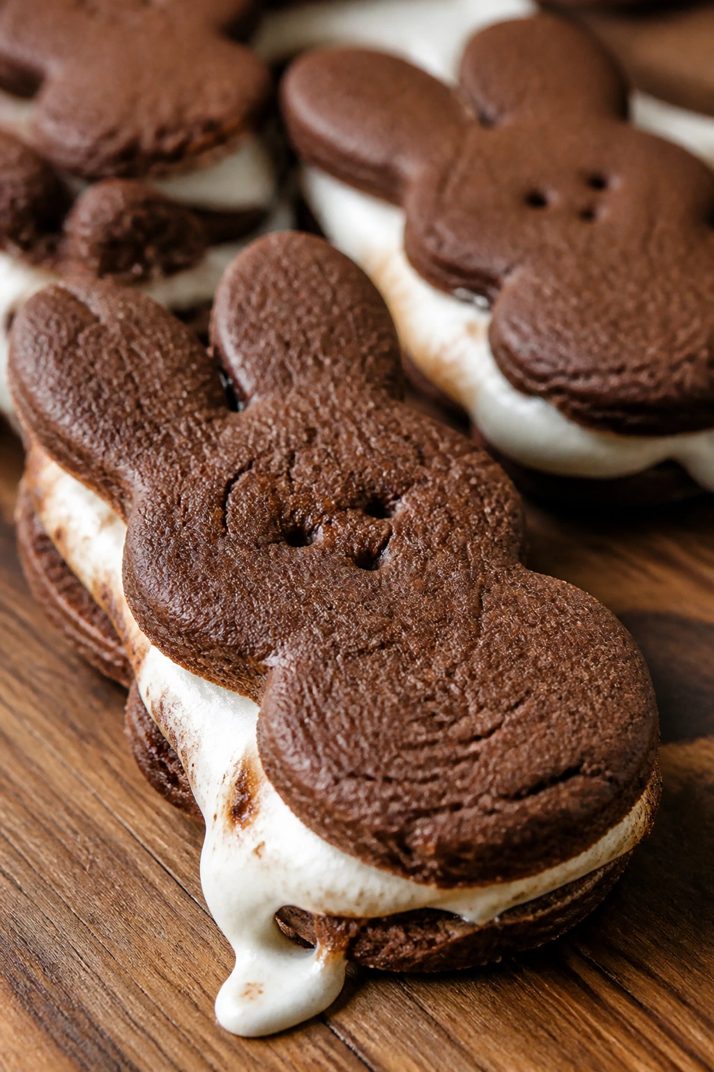 Close-up of marshmallow-filled chocolate sandwich cookies in a warm kitchen