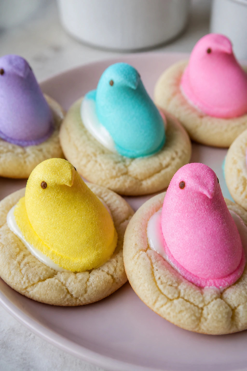 Close-up of Marshmallow Peeps Cookies with pastel Peeps on a pastel plate