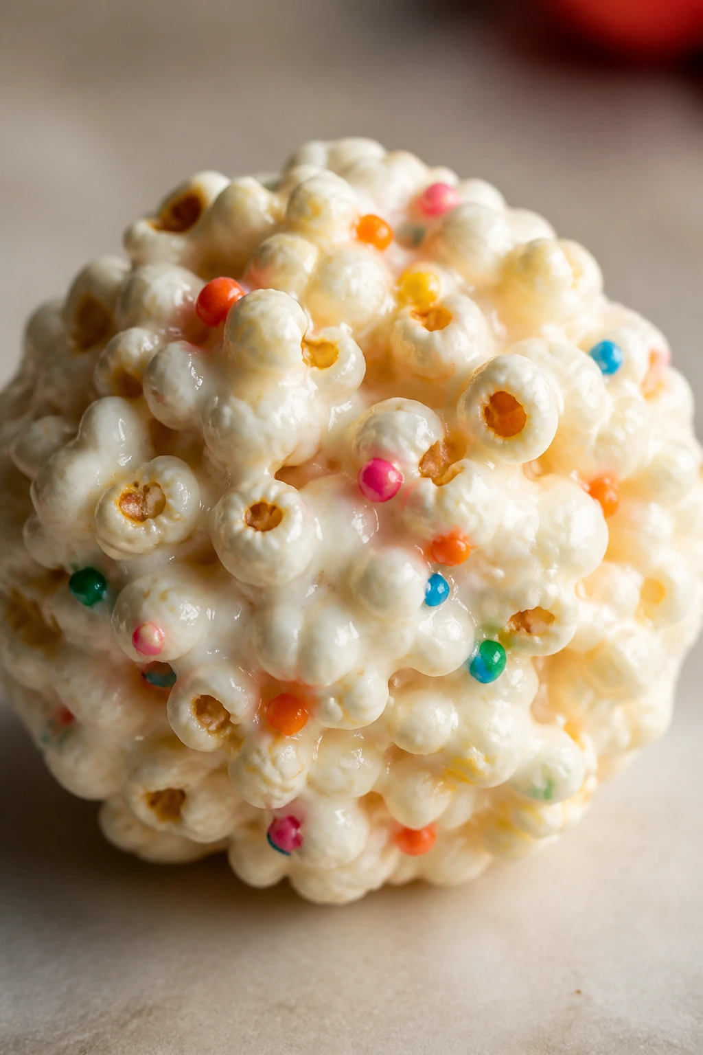 Close-up of a marshmallow popcorn ball