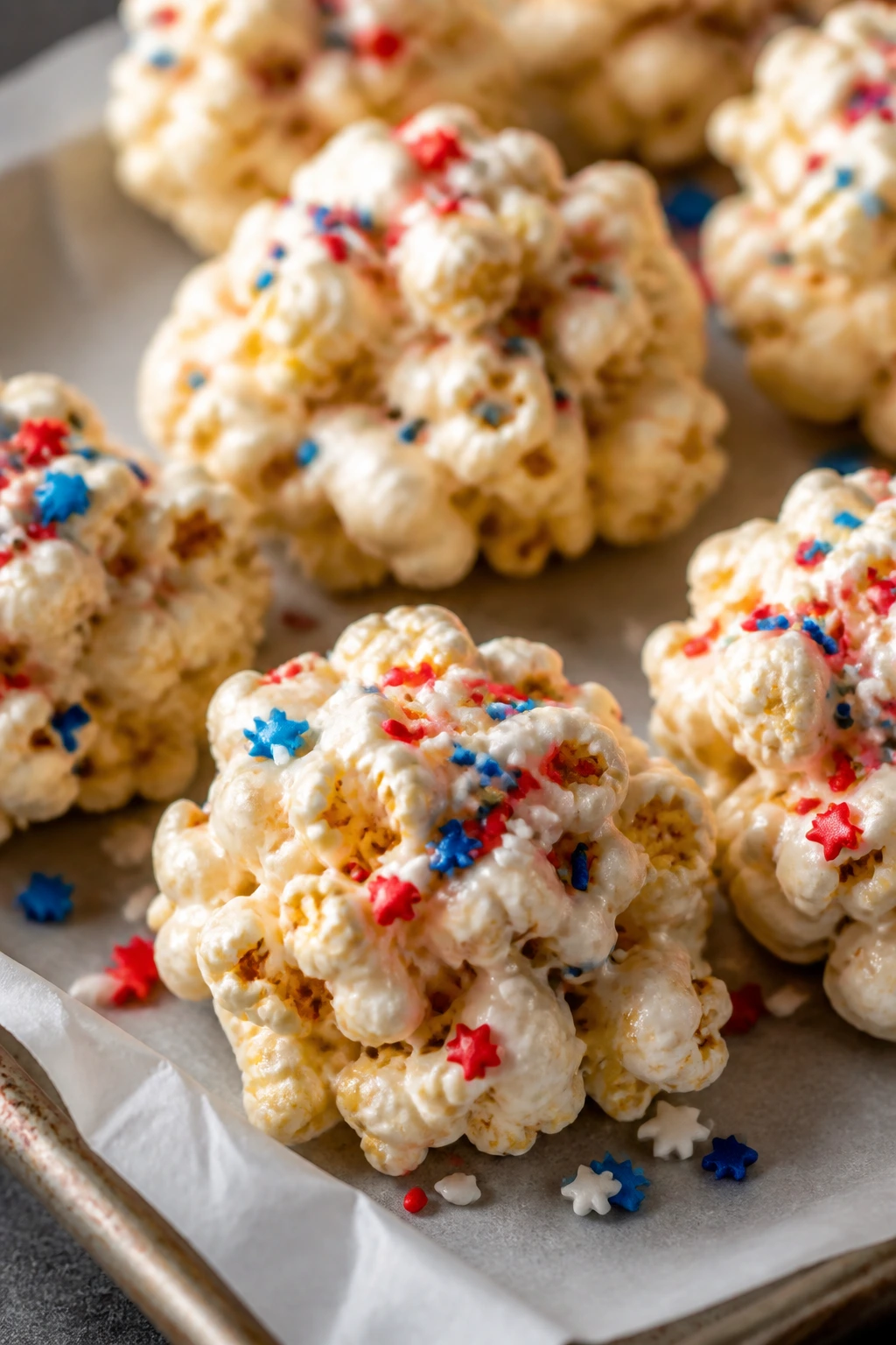 Close-up of marshmallow popcorn clusters with sprinkles on parchment-lined tray.