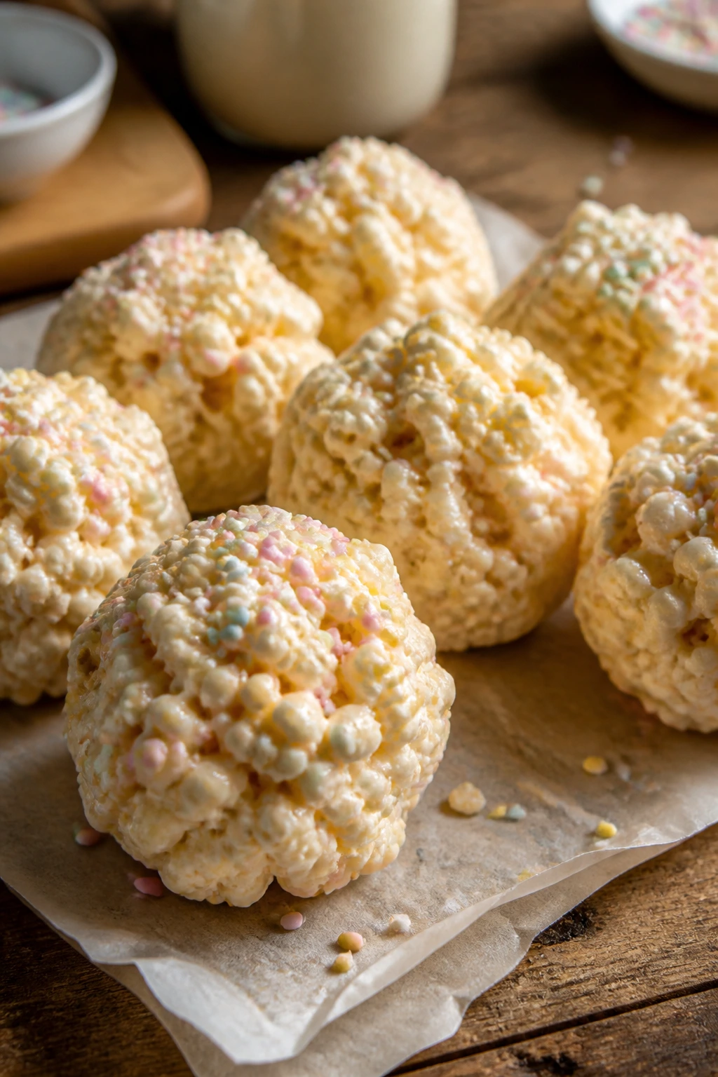 Close-up of glossy marshmallow-coated popcorn balls with pastel sprinkles on parchment in a warm kitchen