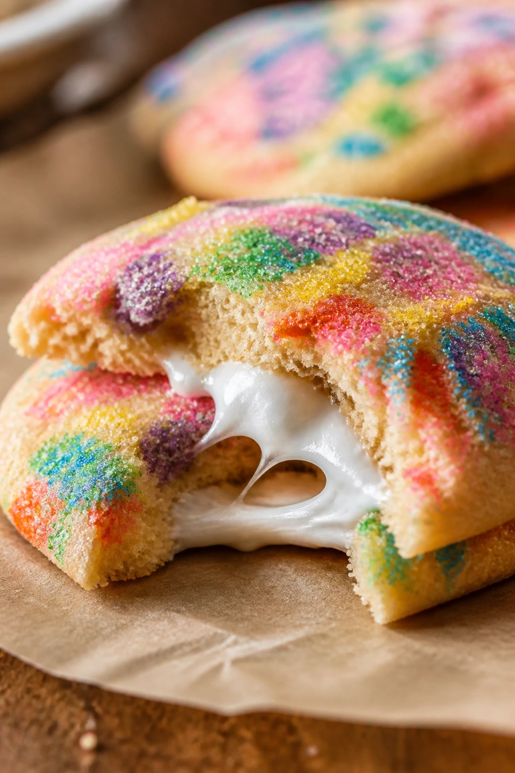 Cross-section of marshmallow-filled rainbow cookie showing gooey center on parchment