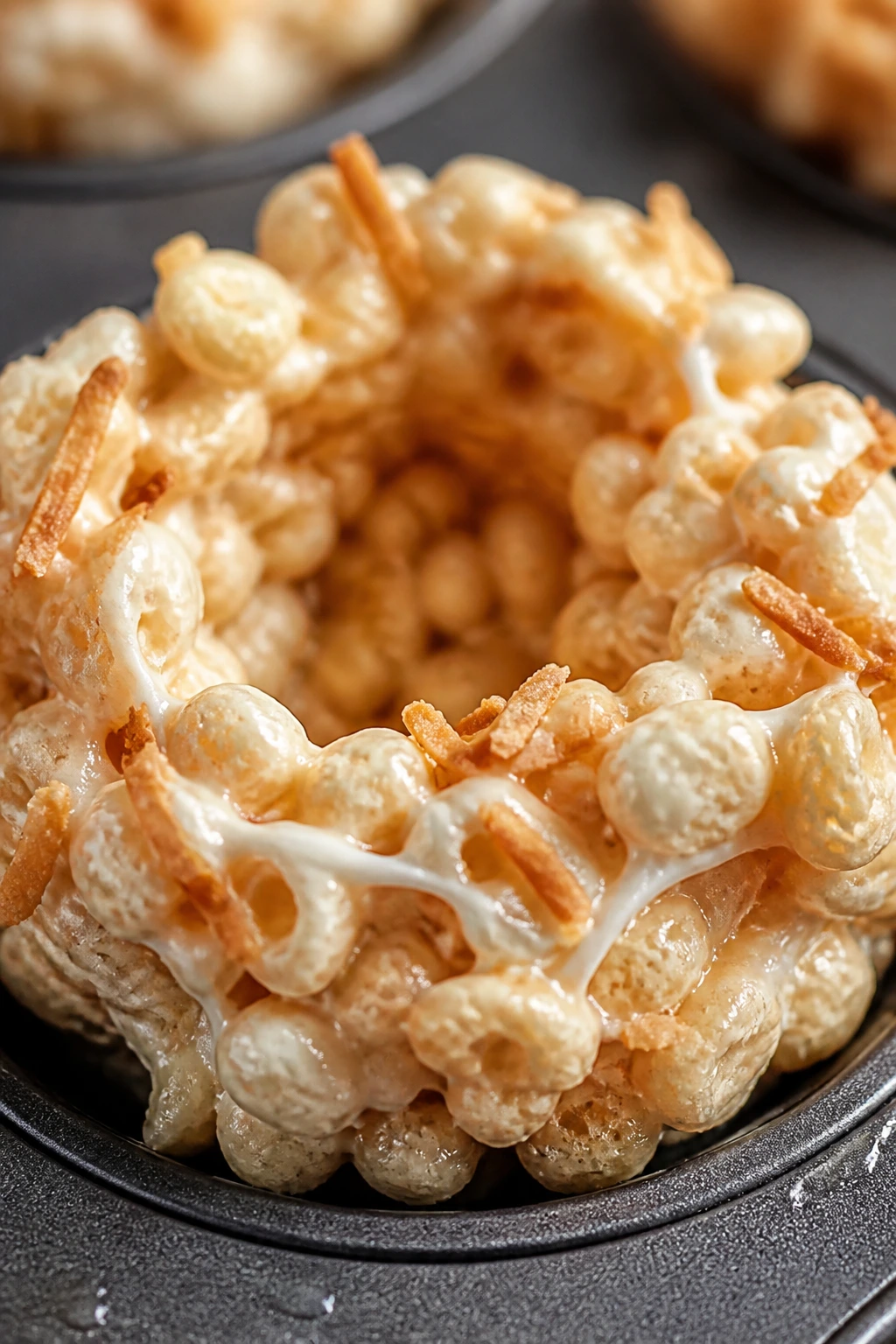 Close-up of marshmallow Rice Krispie nest with toasted coconut