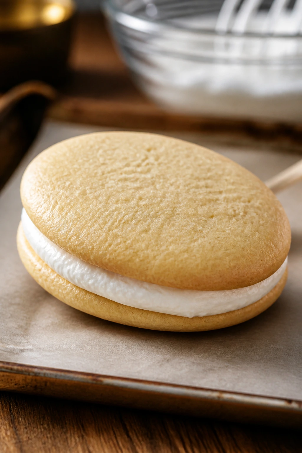 Close-up of marshmallow sandwich Easter egg cookie with visible filling