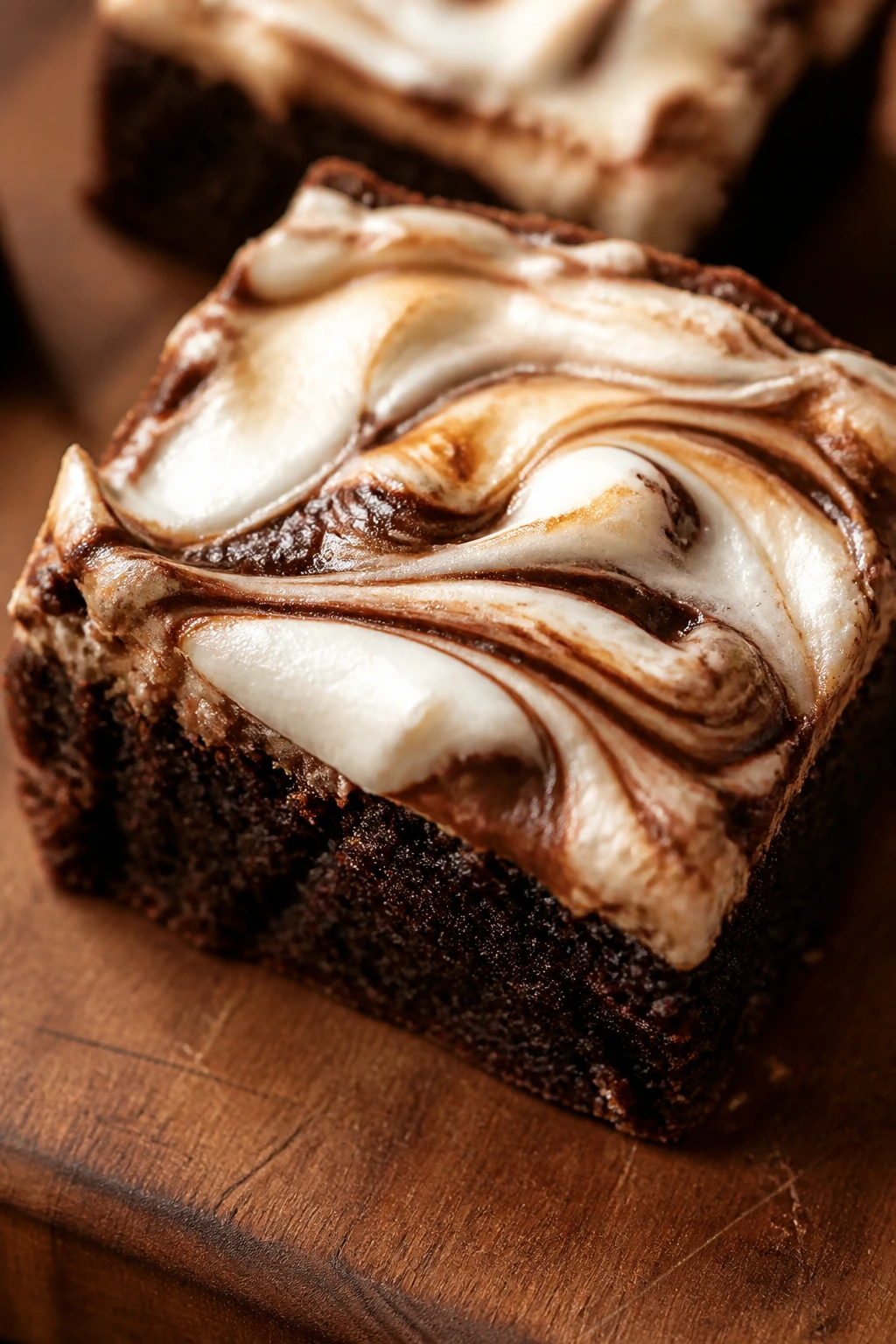 Close-up of a marshmallow swirl brownie on a wooden cutting board in a cozy kitchen