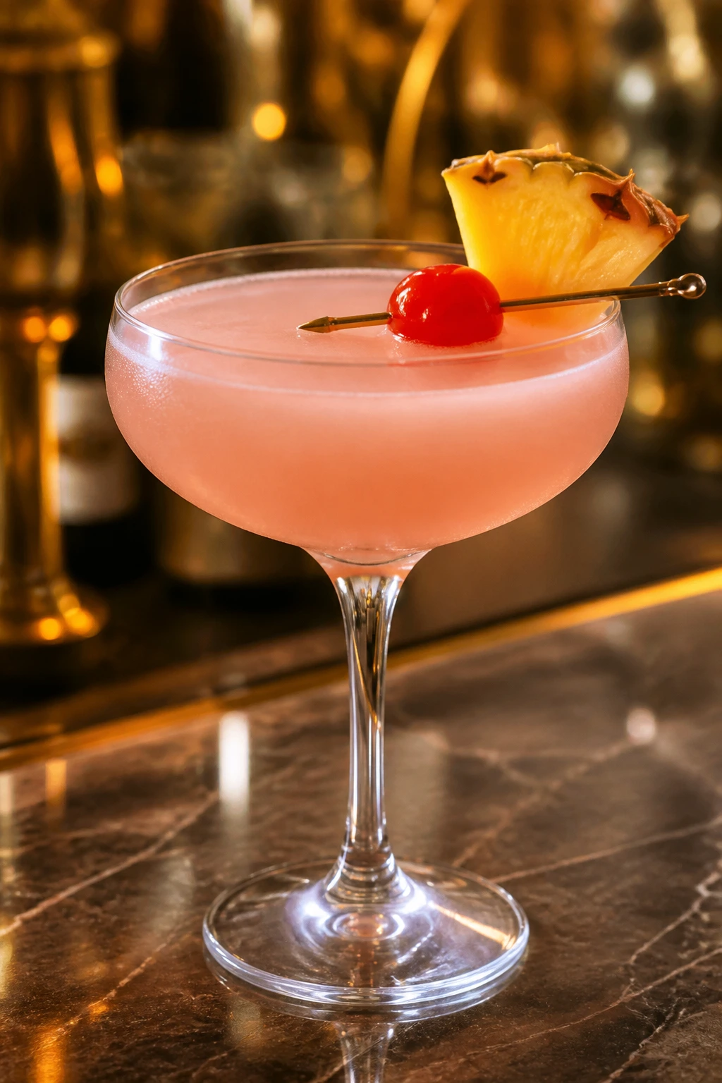 Pink Mary Pickford cocktail in coupe with cherry garnish