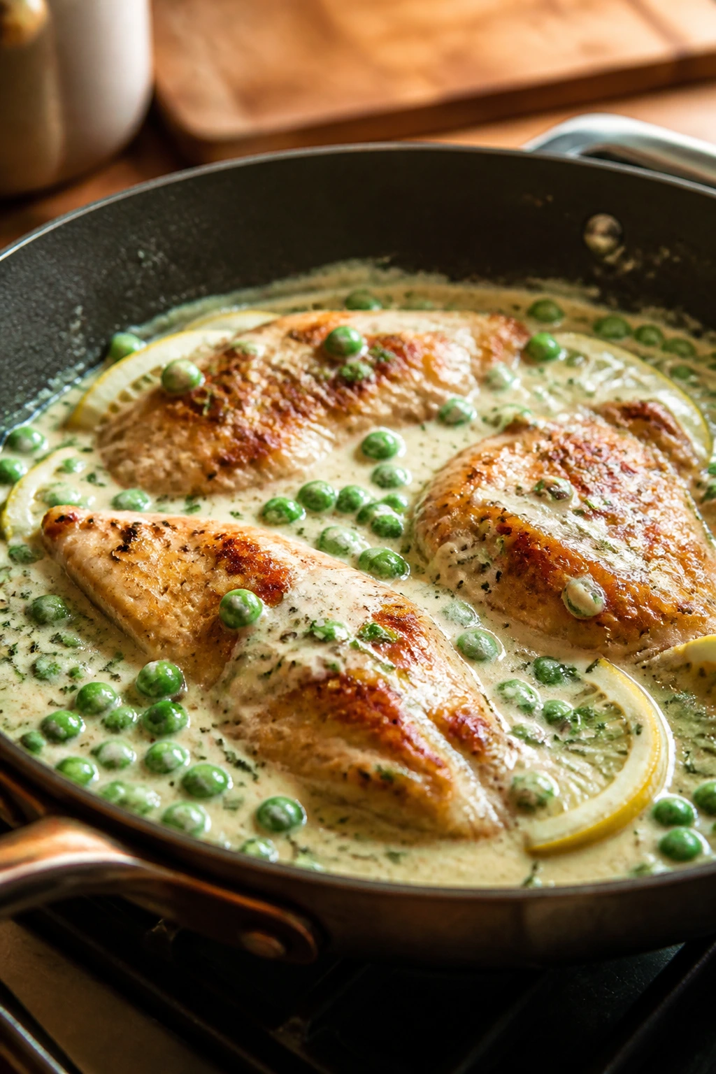 Skillet of chicken in mascarpone sauce with peas