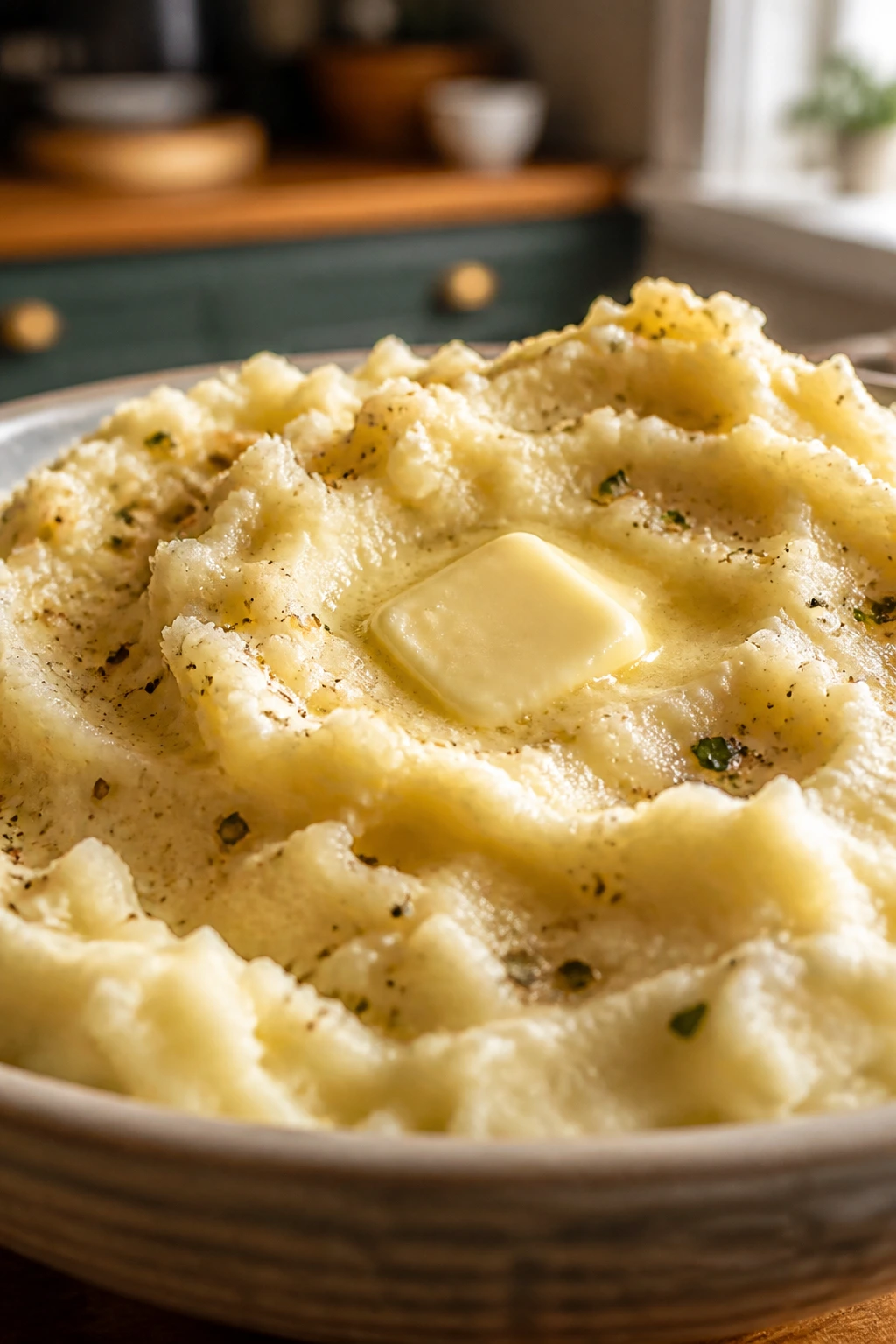 Close-up of creamy mashed potatoes with garlic in a rustic kitchen
