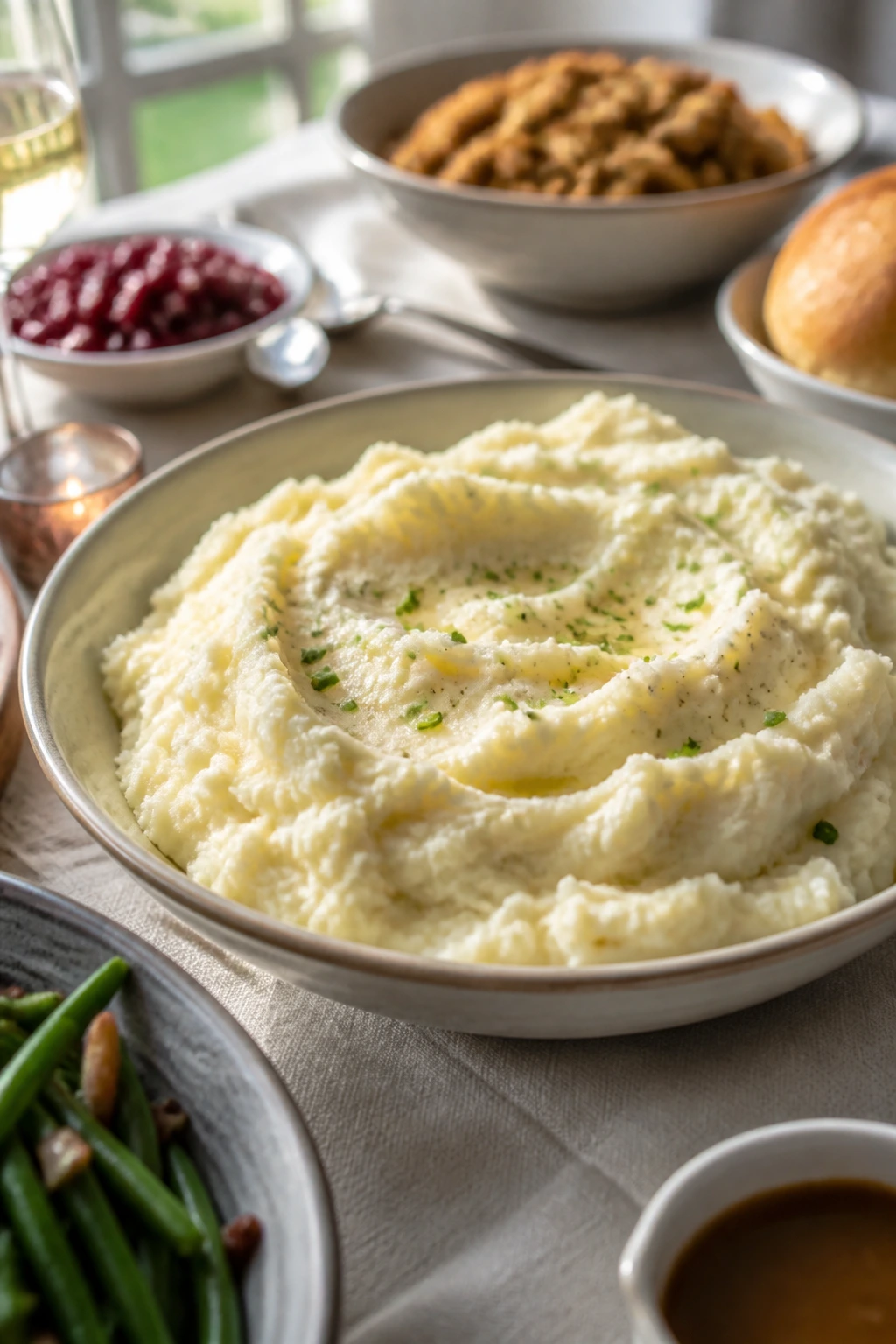 Creamy mashed potatoes in a wide shallow dish ready to serve