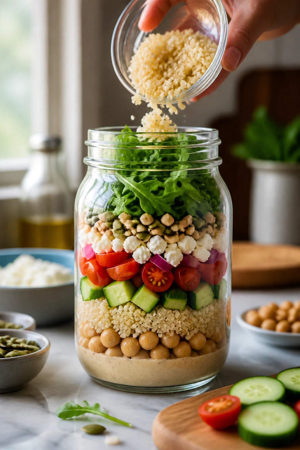 Hands assembling a mason jar with layers during step-by-step preparation.