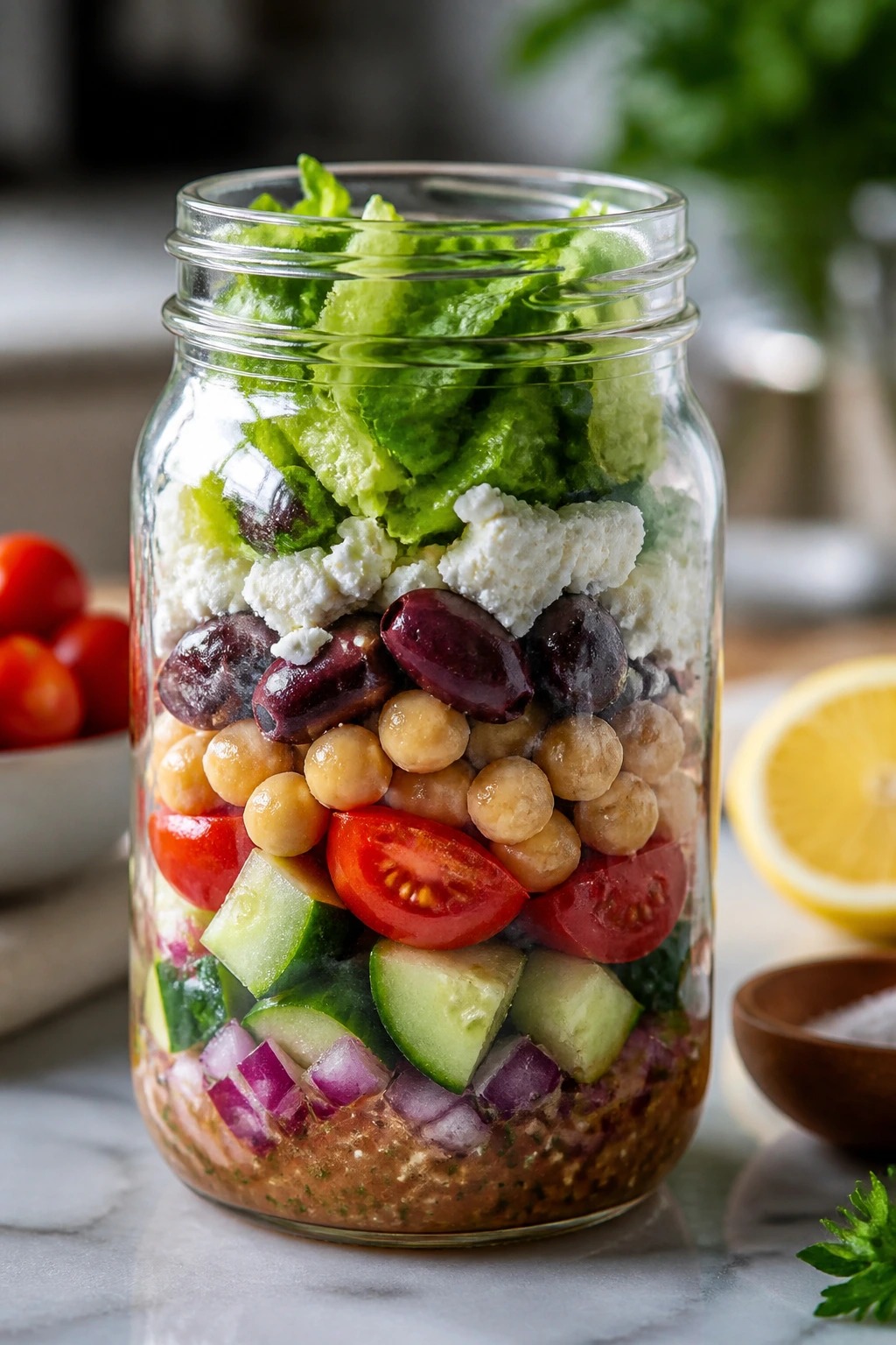 Layered Greek salad in a mason jar on a kitchen counter