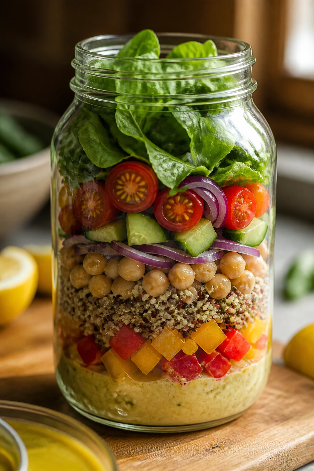 Jar salad with dressing visible through glass in kitchen