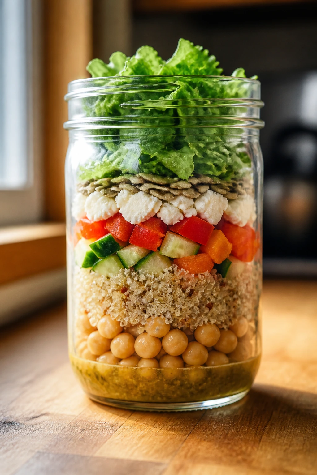 Close-up of a mason jar showing layered dressing, chickpeas, quinoa, veggies, cheese, and greens.
