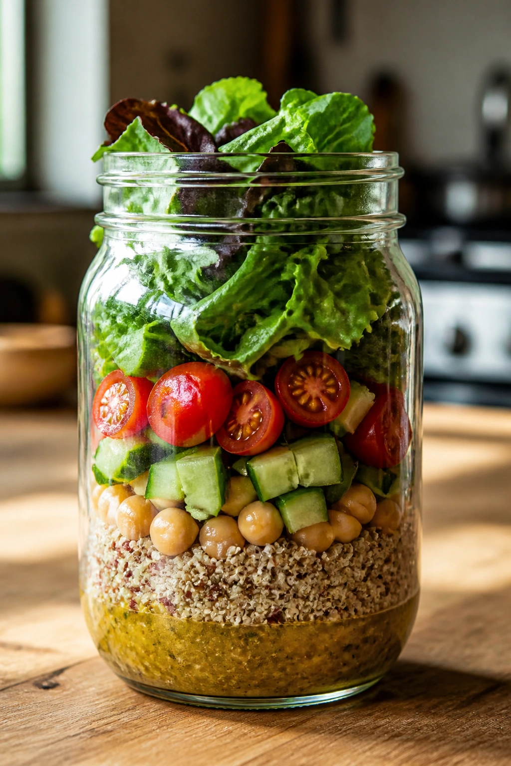 Close-up of layered mason jar salad with dressing bottom and crisp greens on a kitchen counter