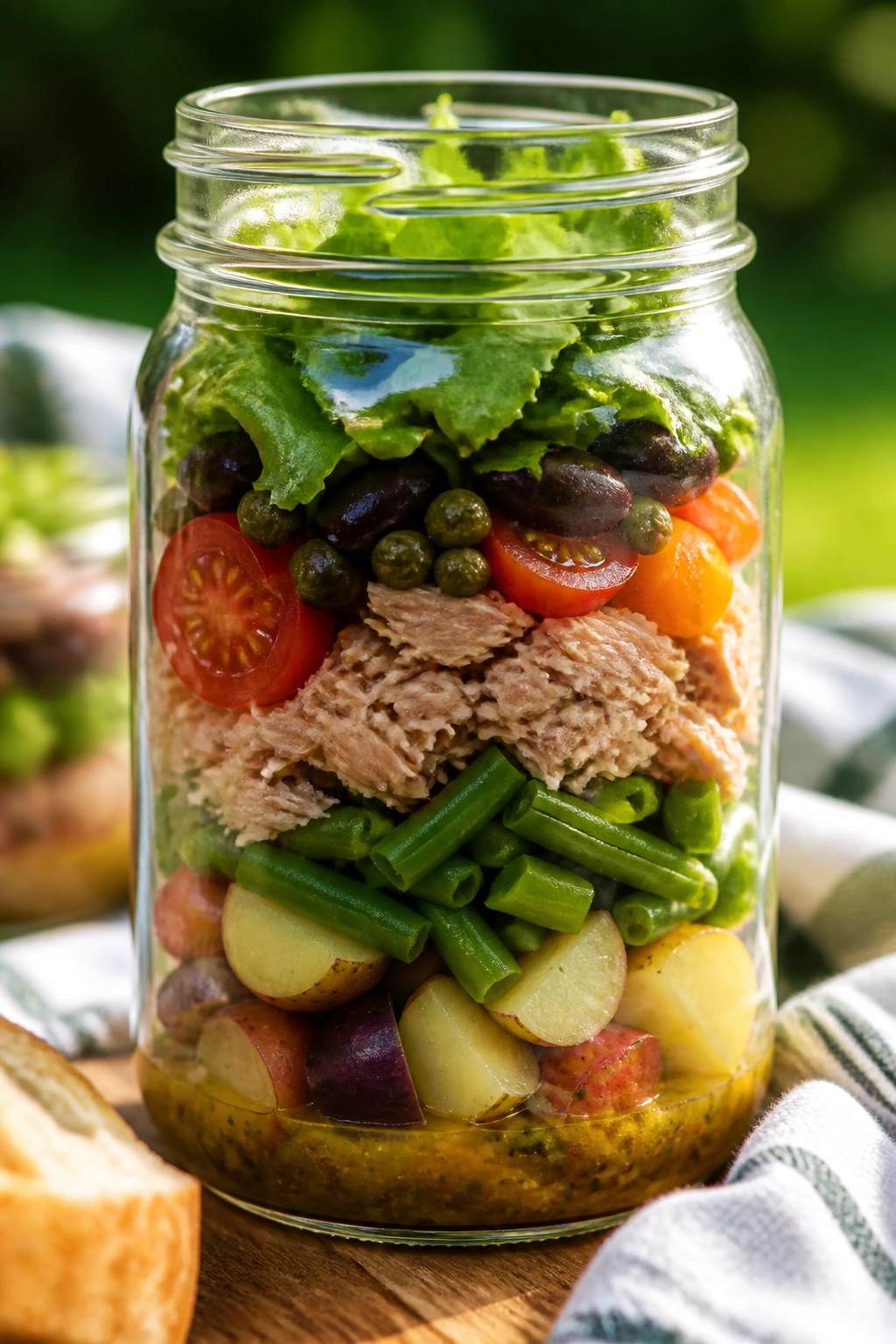 Mason jar Niçoise salad with layered ingredients