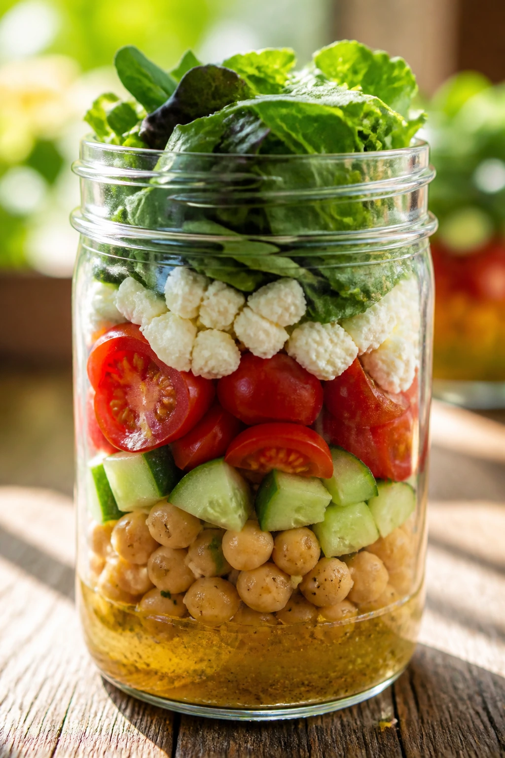 Close-up of a layered Mason Jar Salad showing vinaigrette, chickpeas, cucumber, tomatoes, feta, and greens.