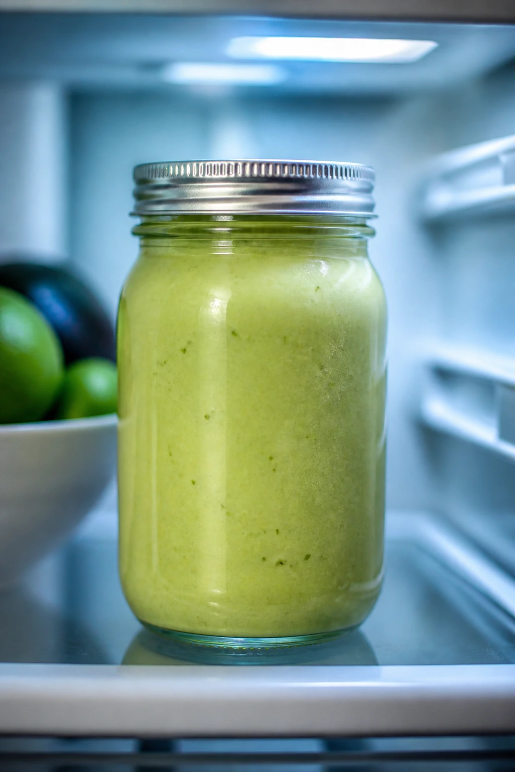 Mason jar of avocado smoothie in refrigerator