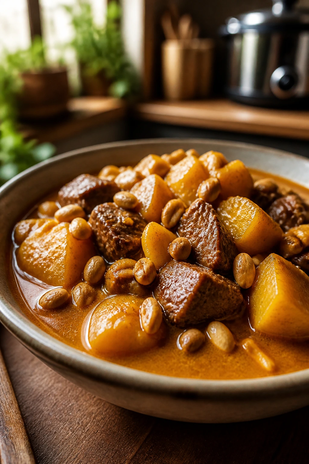 Close-up of Massaman beef curry with potatoes and peanuts in coconut sauce
