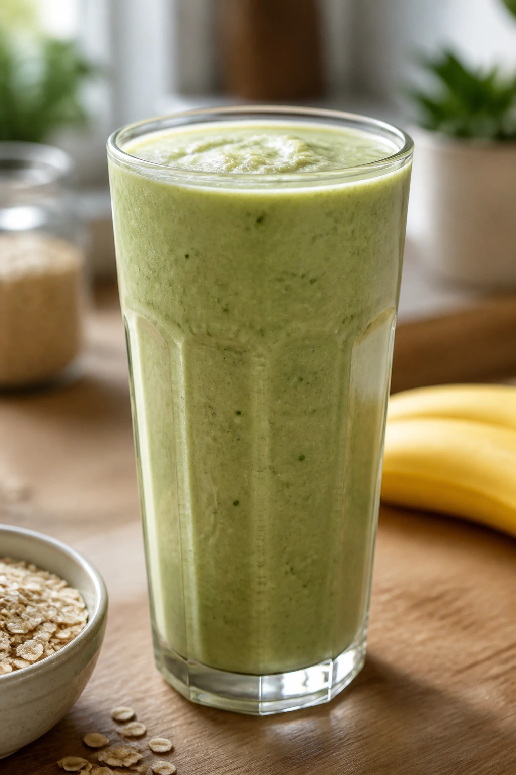 Close-up of Matcha Banana Oat Smoothie in a glass on a wooden kitchen counter