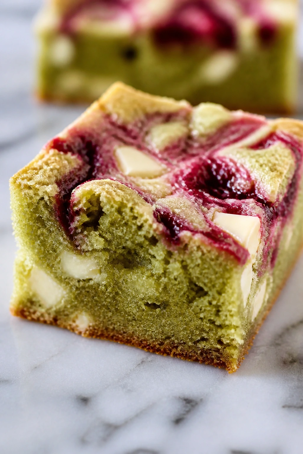Close-up of Matcha White Chocolate Raspberry Bars with green color, white chocolate bits, and raspberry swirl