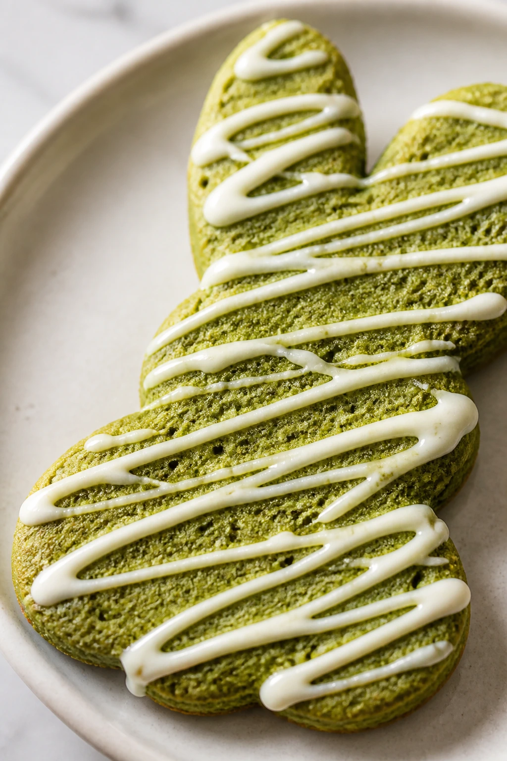 Close-up of a matcha bunny cookie with white chocolate drizzle