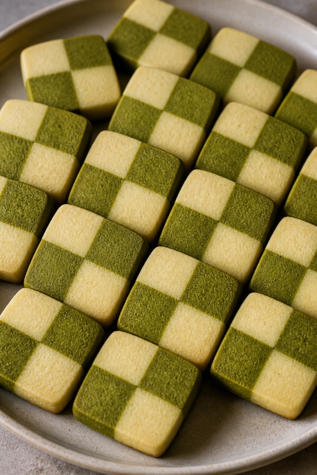 Close-up of matcha and vanilla checkerboard cookies on a plate