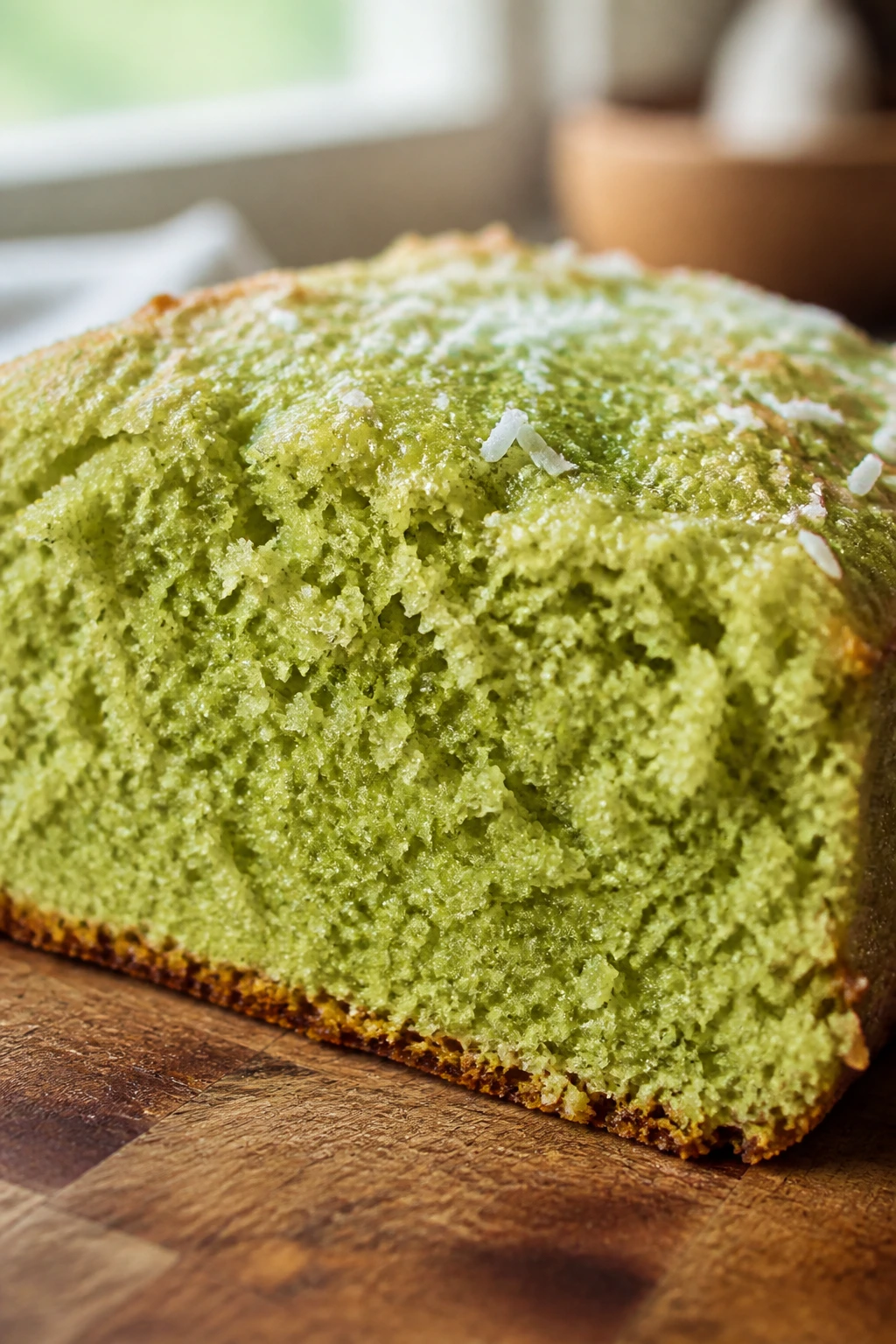 Close-up of a moist matcha coconut snack cake slice on a wooden board in a warm kitchen