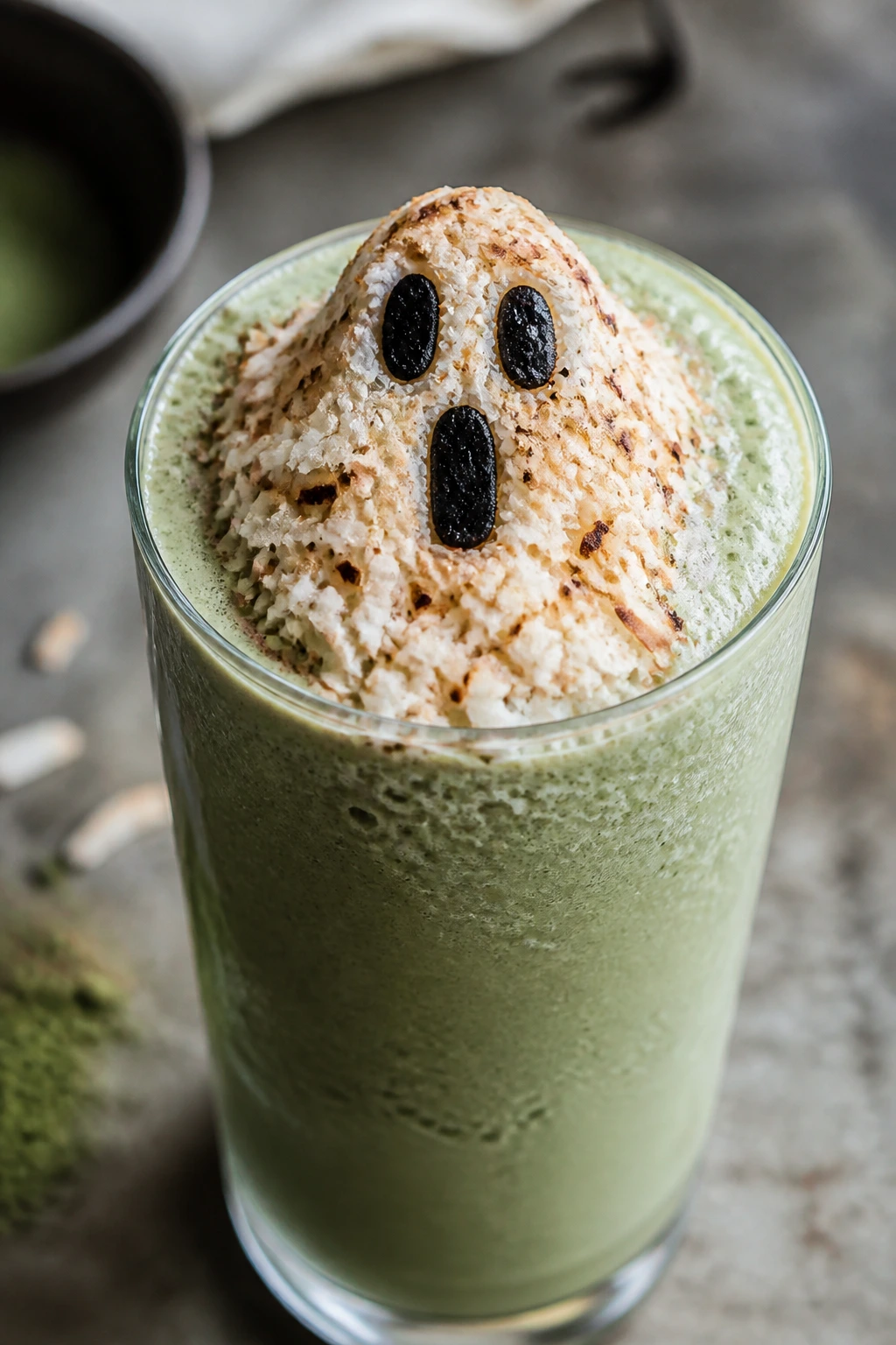 Pale green matcha coconut ghost smoothie with toasted coconut topping in glass