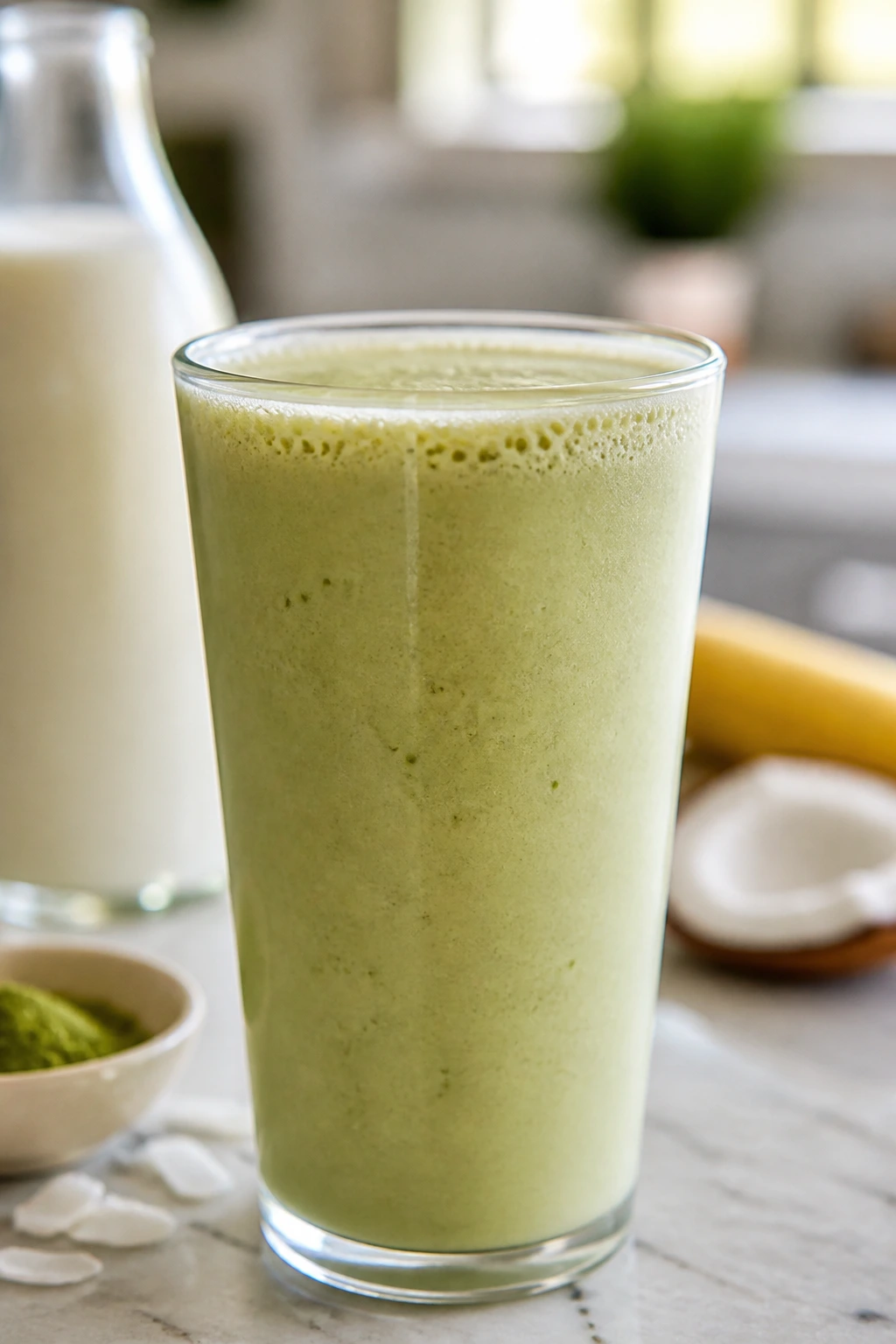 Pale green matcha coconut cream smoothie in a glass on a sunlit counter