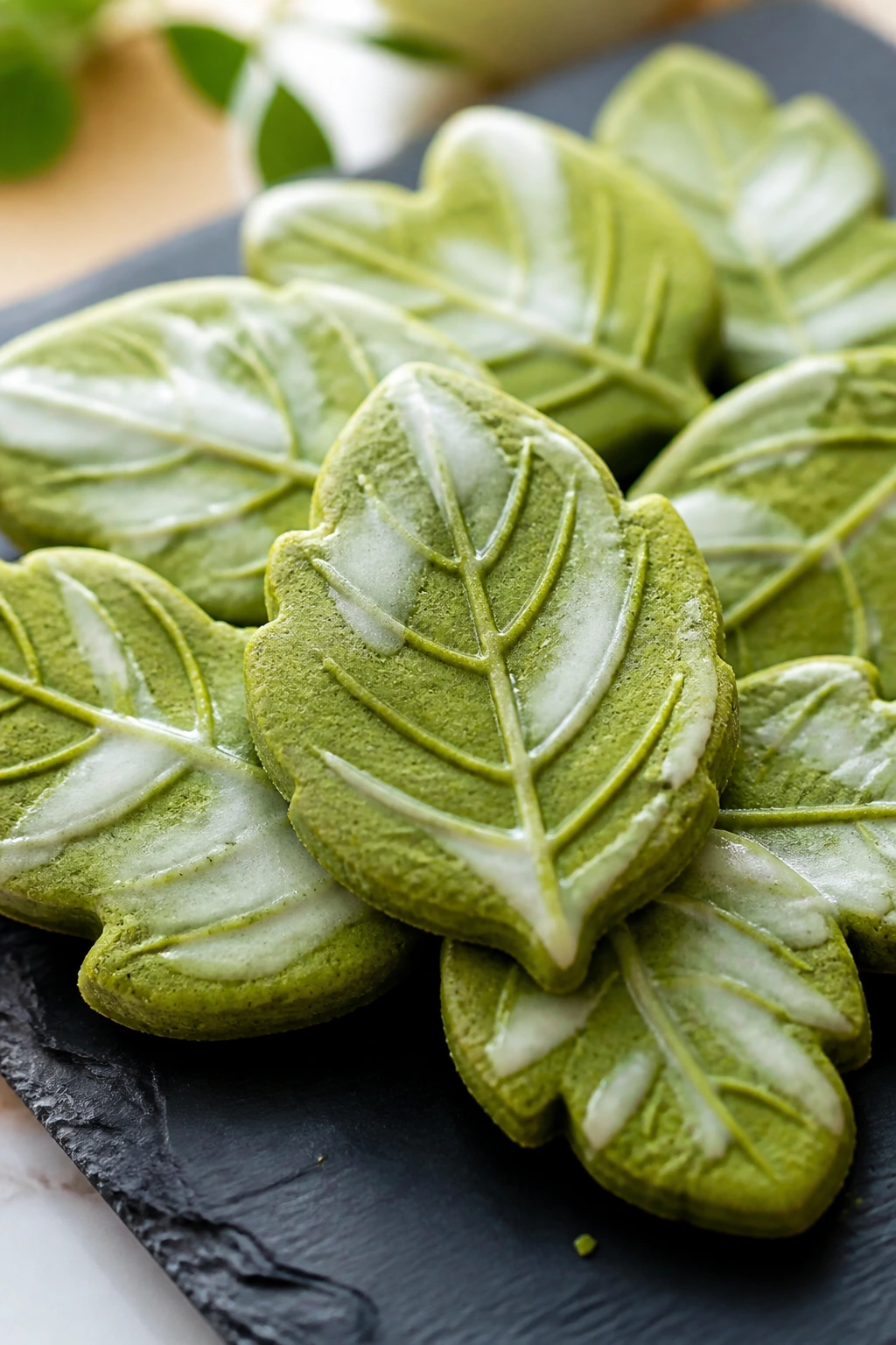 Close-up of green matcha leaf cookies with white glaze on slate board